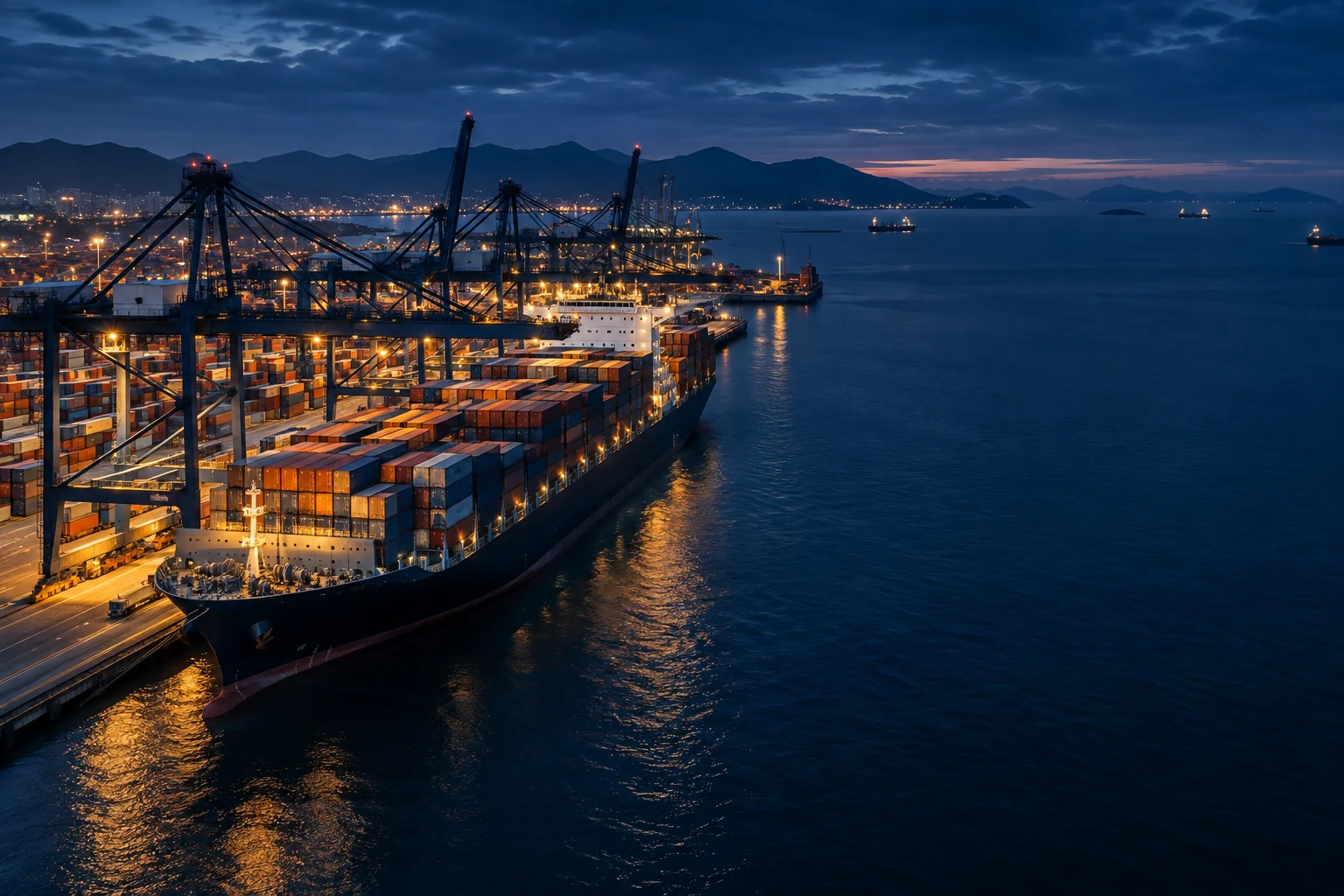 Container vessel and port cranes at blue hour