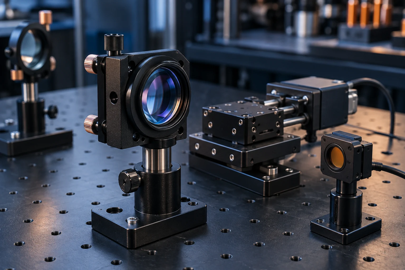 Optical lens mount, precision translation stage and sensor on an optical breadboard